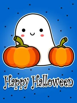 Halloween postcard. Smiling cute ghost and pumpkins. Cartoon flat vector Stock Illustration