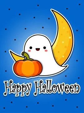Halloween postcard. Smiling cute ghost, pumpkin and moon. Cartoon flat vector Illustrazione stock