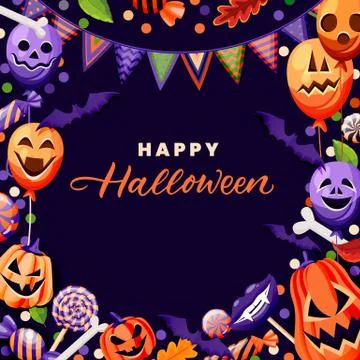 Halloween poster banner frame design with balloons, pumpkin lanterns and cand Stock Illustration