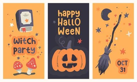 Halloween poster set. Flat style. Witch party. Stock Illustration