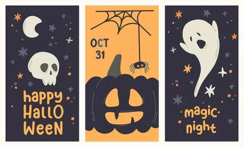 Halloween poster set. Flat style. Magic night. Stock Illustration