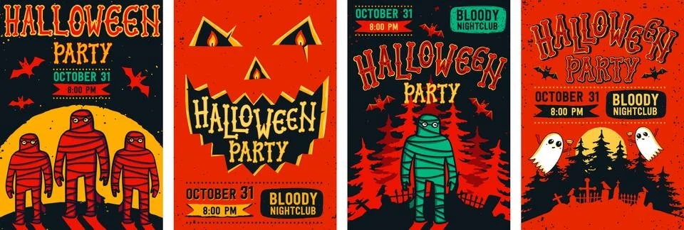 Halloween posters set. Vector collection of Halloween invitations or greeting Ilustración de archivo