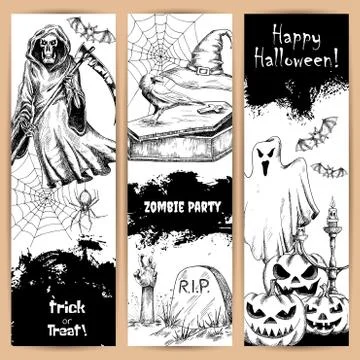 Halloween posters with sketched black elements 库存插图