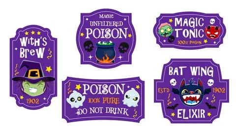 Halloween potion labels, magic elixir bottle tags Illustrazione stock