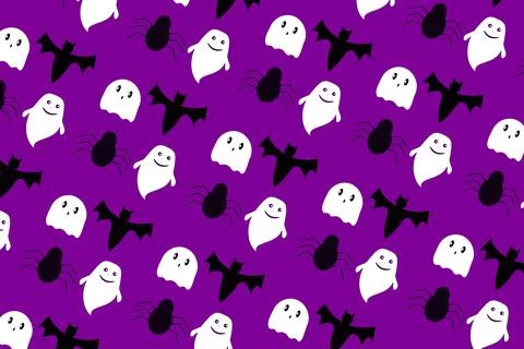 Halloween print with ghosts and bat on purple background Stock Illustration