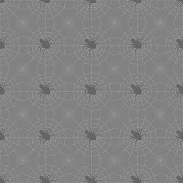 Halloween print. seamless pattern Spiders on Webs on gray background. Stock Illustration