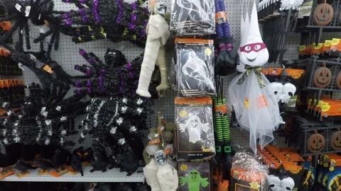 Halloween props, ghost, skulls, spiders, mummy, mummies, pumpkins, tombstones Stock Footage 80081070
