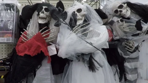 Halloween props, ghosts, pirates, bride, bridal gown, wedding dress,  skeletons Stock Footage 80201876