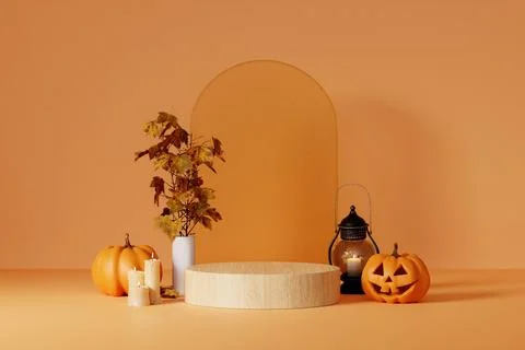 Halloween with pumpkin and empty minimal podium pedestal product display Stock Illustration