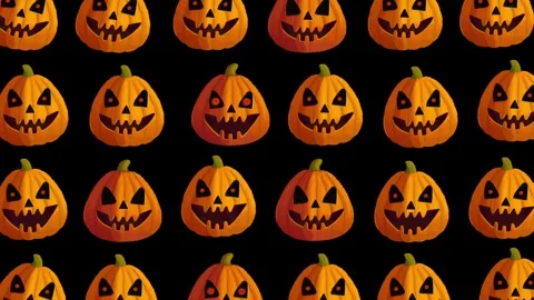 Halloween pumpkin animated horizontal background with scary faces on black 库存影片 344315149