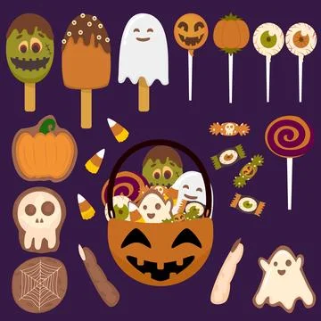 Halloween pumpkin basket candy element set Stock Illustration