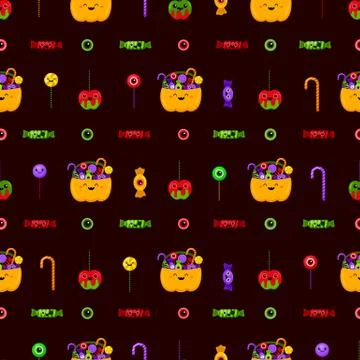 Halloween pumpkin basket sweets pattern. Vector in cartoon style. Kawaii. Stock Illustration