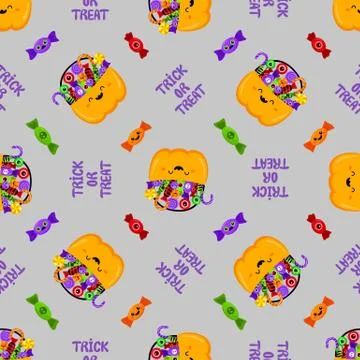 Halloween pumpkin basket sweets pattern. Vector in cartoon style. Kawaii. Stock Illustration