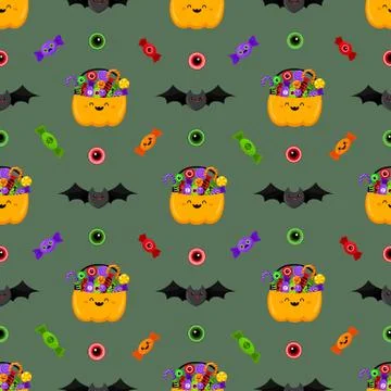 Halloween pumpkin basket sweets pattern. Vector in cartoon style. Stock Illustration