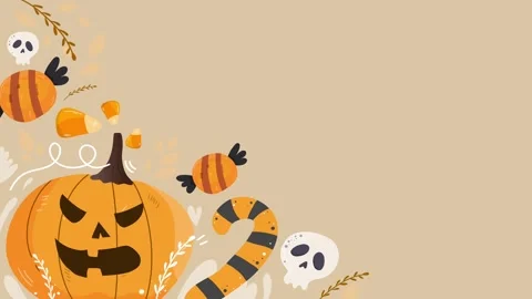 Halloween pumpkin candy skulls spooky cute beige festive background Stock Footage 317748541