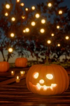Halloween pumpkin carving with glowing jack o'lanterns outdoors at dusk Illustrazione stock