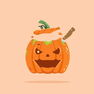 Halloween pumpkin carving split at the top with a knife Illustrazione stock