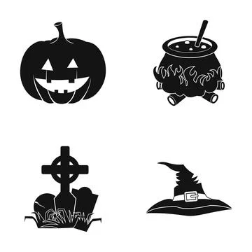 Halloween pumpkin cauldron witch hat graveyard icons Stock Illustration