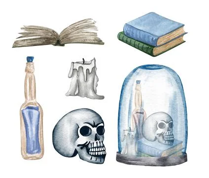 Halloween pumpkin composition. Bat, skull, pumpkin on a tray, magic book, ink Stock Illustration