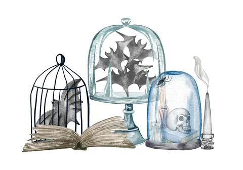 Halloween pumpkin composition. Bat, skull, pumpkin on a tray, magic book, ink Stock Illustration