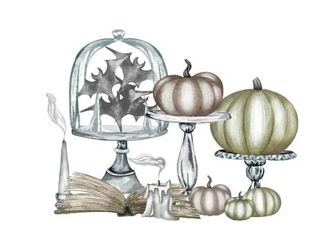 Halloween pumpkin composition. Bat, skull, pumpkin on a tray, magic book, ink Stock Illustration