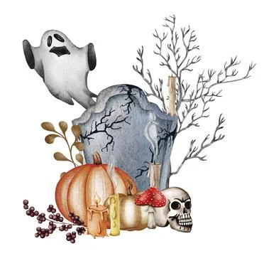 Halloween pumpkin composition. Bat, skull, pumpkin on a tray, magic book, ink Stock Illustration