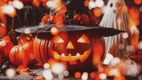 Halloween Pumpkin on the the Dark Background. Evil Pumpkin perfect for the .. Stock Footage 318779090