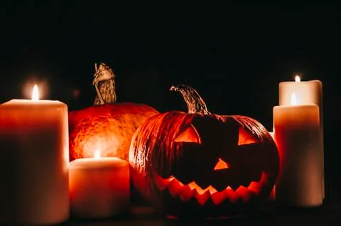Halloween Pumpkin In Dark Stock Photos