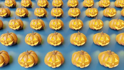 Halloween pumpkin decoration pattern on blue background. 3D rendering Stock Footage 250969521