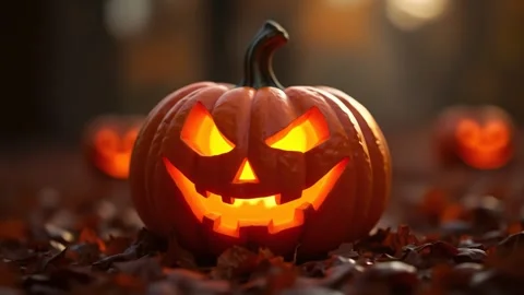 Halloween pumpkin in the evening forest Stock Footage 287414647