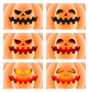 Halloween pumpkin faces close-up set. Angry and happy expressions Stock Illustration