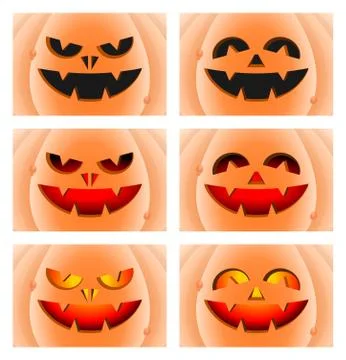 Halloween pumpkin faces close-up set. Angry and happy expressions Stock Illustration