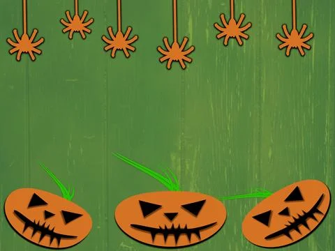 Halloween pumpkin faces on green texture background Stock Illustration