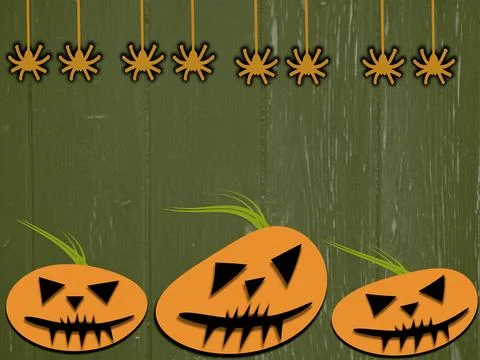 Halloween pumpkin faces on green texture background Stock Illustration