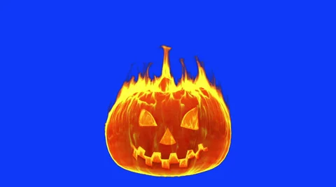 Halloween pumpkin gets on fire on blue screen Stock Footage 30416779