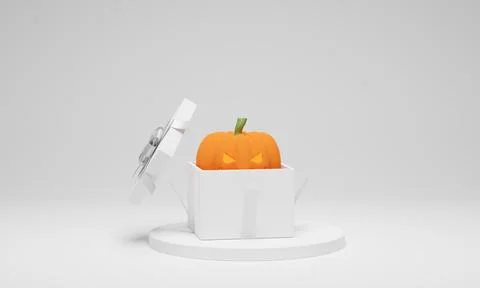 Halloween pumpkin in gift box on white background. 3D rendering. 3D illustrat Stock Photos