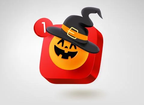 Halloween pumpkin with hat on red button. 3d vector mobile application icon Stock-Illustration