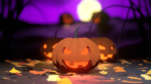 Halloween pumpkin head jack-o-lantern with yellow autumn leaves. Stock Footage 252061777