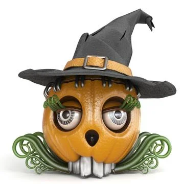 Halloween pumpkin Jack O Lantern lady with witch hat 3D Stock Illustration