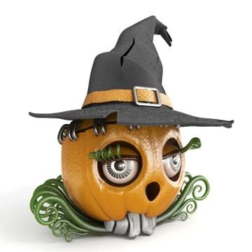Halloween pumpkin Jack O Lantern lady with witch hat 3D Stock Illustration