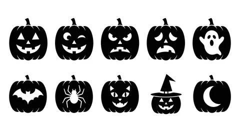 Halloween pumpkin jack o lantern vector icons. set of spooky, angry, sad, g.. Stock Illustration