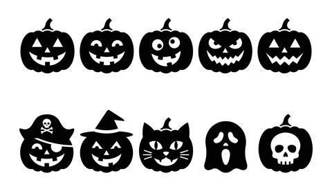 Halloween pumpkin jack o lantern vector icons. spooky faces, pirate, witch,.. Stock Illustration