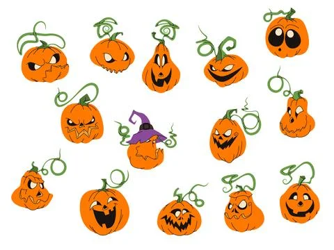Halloween Pumpkin Jack O Lantern Faces Big Vector Set Stock Illustration