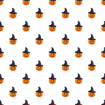 Halloween pumpkin jack o lanterns wearing witch hats pattern Stock Illustration