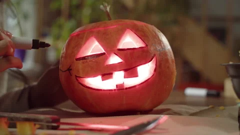 A Halloween pumpkin with a lantern inside close up Stock Footage 170339824