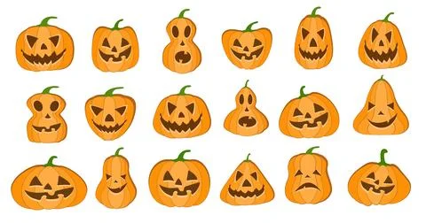 Halloween pumpkin lantern vector 18 icons set, Emotion Variation. Simple flat Stock Illustration