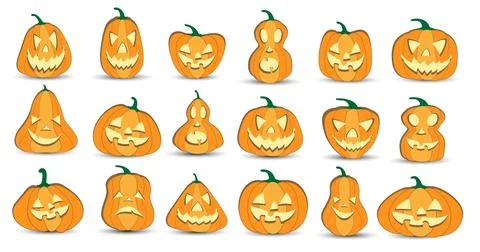 Halloween pumpkin lantern vector 18 icons set, Emotion Variation. Simple flat Stock Illustration