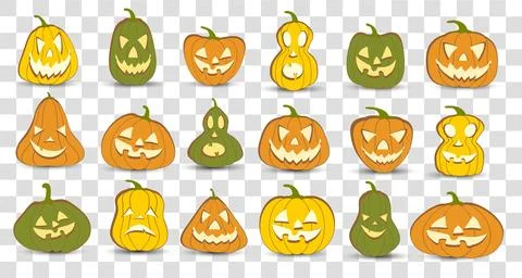 Halloween pumpkin lantern vector 18 icons set, Emotion Variation. Simple flat Stock Illustration