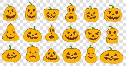 Halloween pumpkin lantern vector 18 icons set, Emotion Variation. Simple flat Stock Illustration