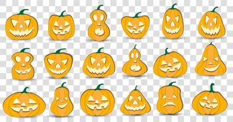 Halloween pumpkin lantern vector 18 icons set, Emotion Variation. Simple flat Stock Illustration